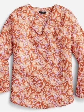 J. Crew Long Sleeve Ramie Tunic Top Persimmon Floral Pattern ~ Women’s Small